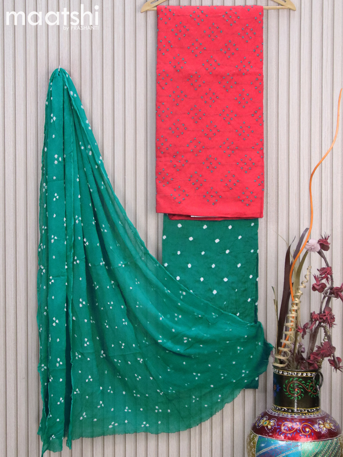 Cotton dress material red shade and teal green with allover french knot work and bottom & chiffon dupatta