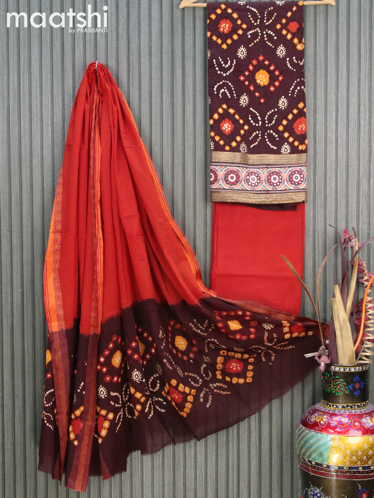 Cotton dress material coffee brown and rustic orange with bandhani prints and bottom & dupatta