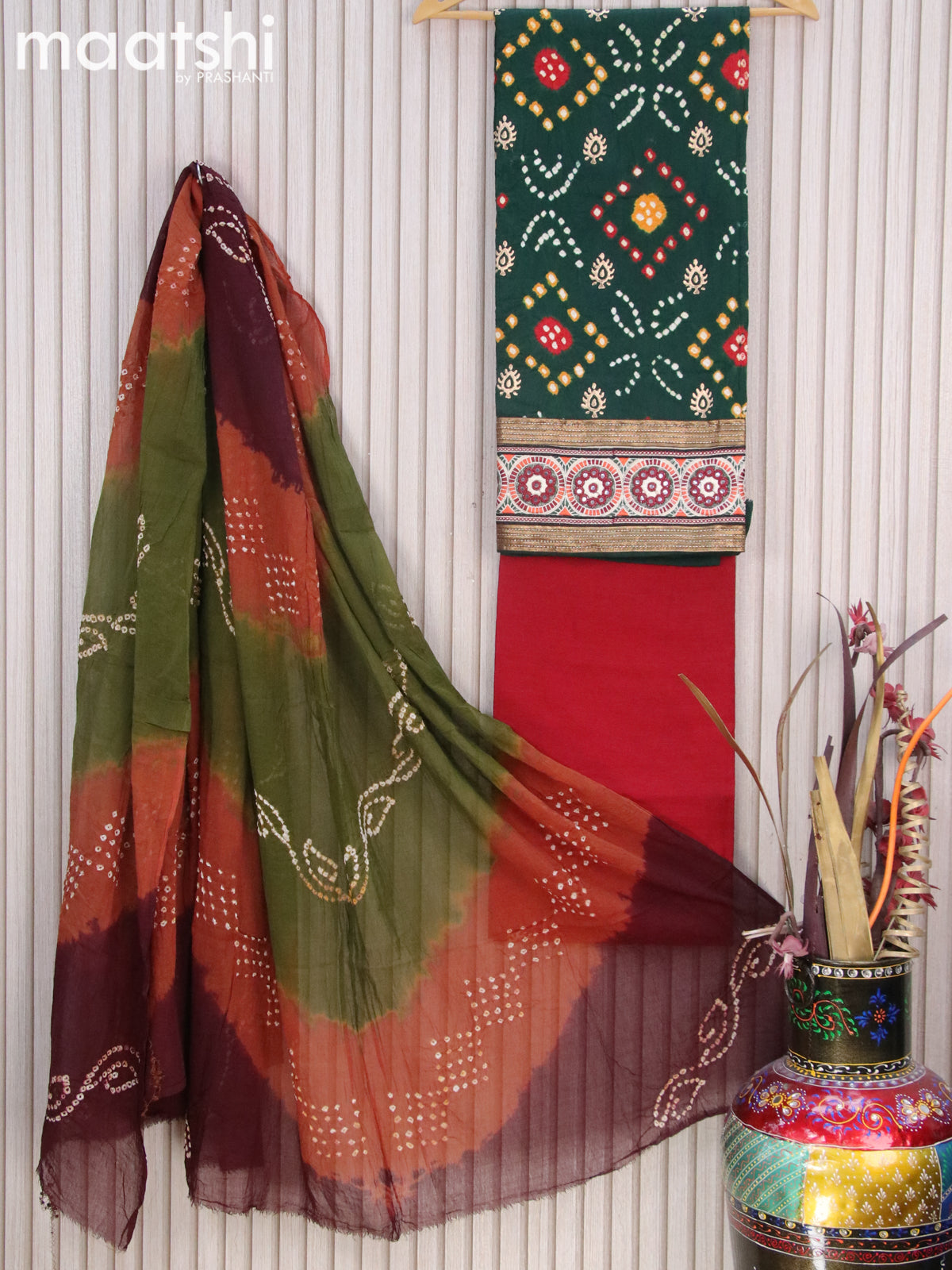 Cotton dress material dark green and maroon with bandhani prints and bottom & dupatta