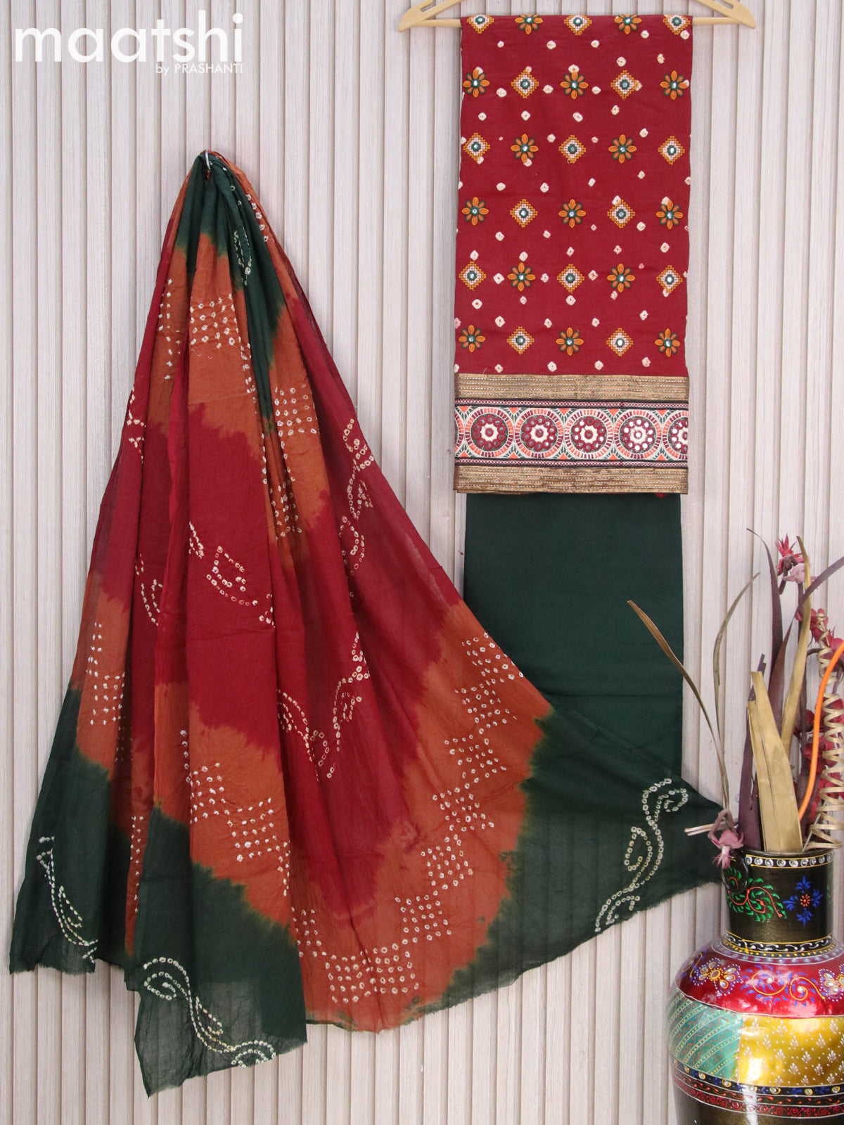 Cotton dress material maroon and dark green with bandhani prints & embroidery work buttas and bottom & dupatta