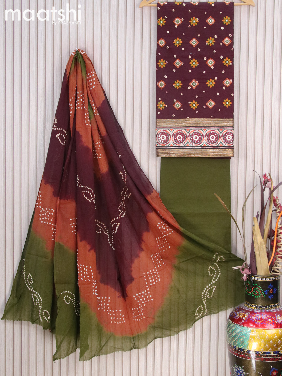 Cotton dress material coffee brown and mehendi green with bandhani prints & embroidery work buttas and bottom & dupatta