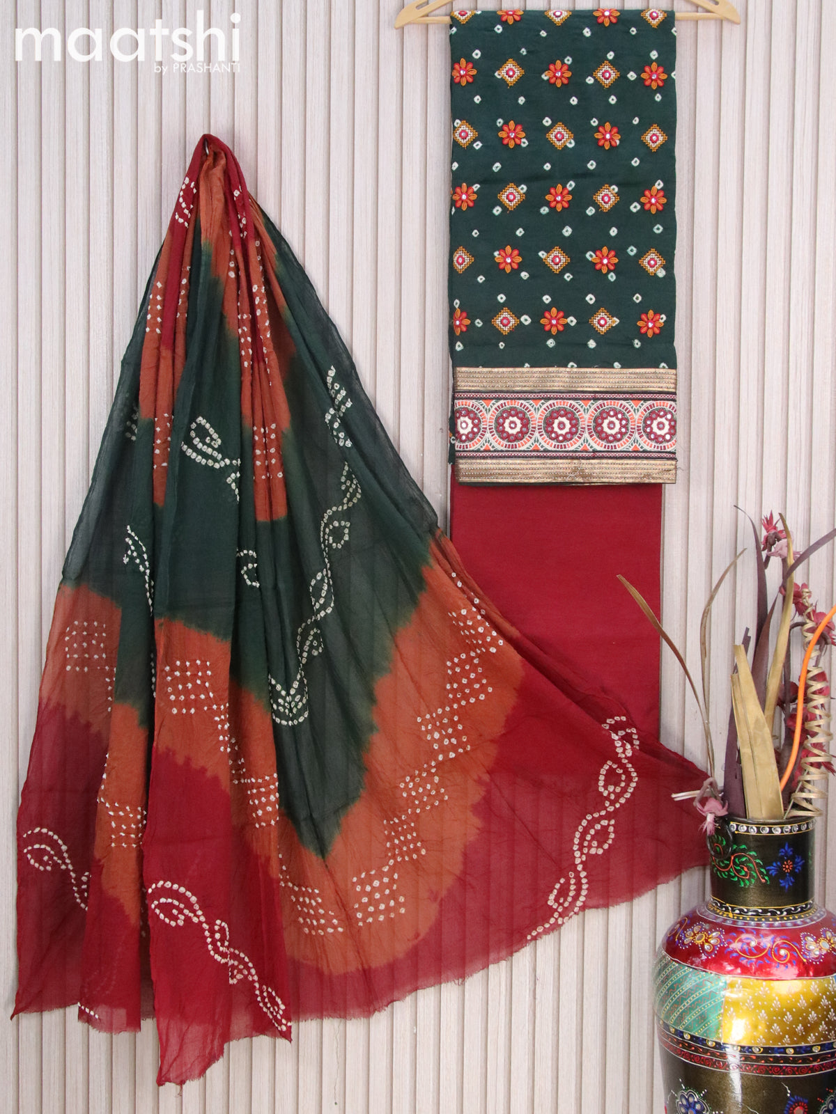 Cotton dress material dark green and maroon with bandhani prints & embroidery work buttas and bottom & dupatta