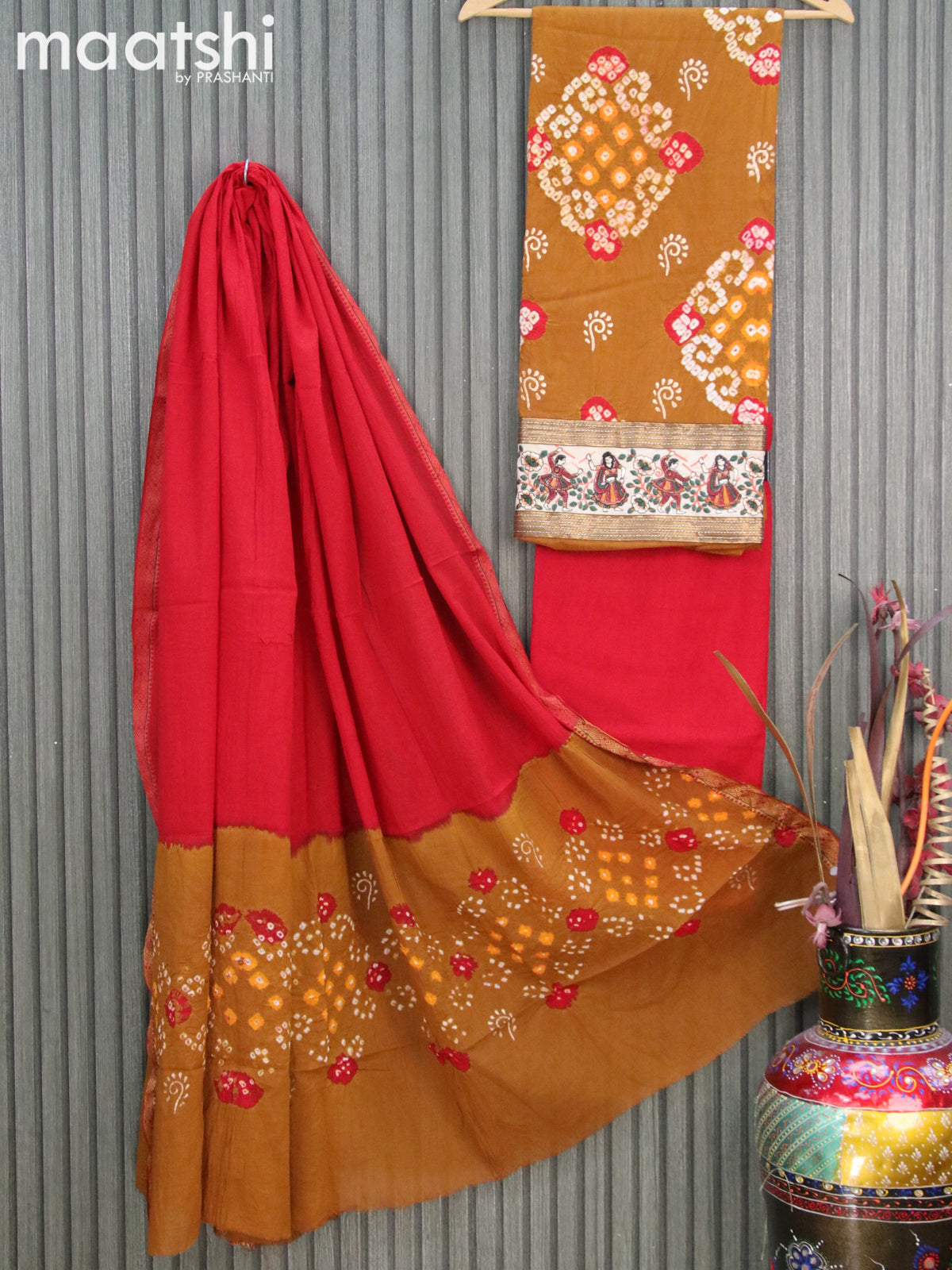 Cotton dress material dark mustard and red with bandhani prints and bottom & dupatta