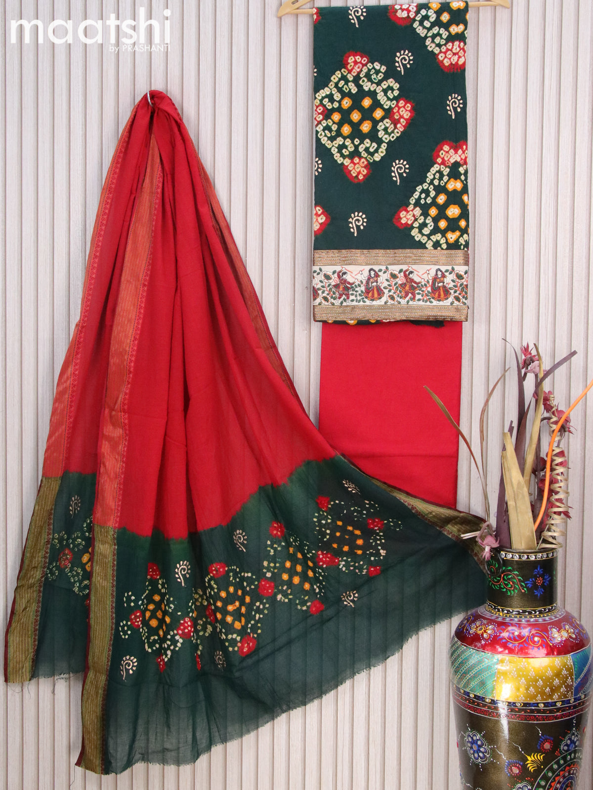 Cotton dress material dark green and red with bandhani prints and bottom & dupatta