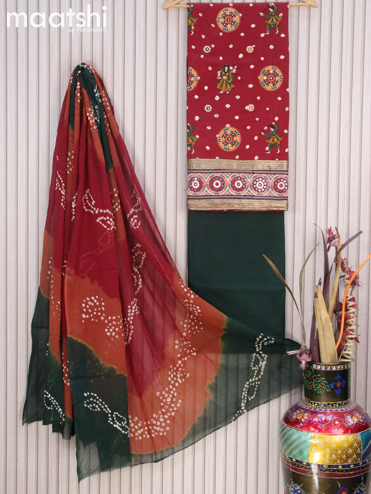 Cotton dress material maroon and dark green with bandhani prints & embroidery work buttas and bottom & dupatta