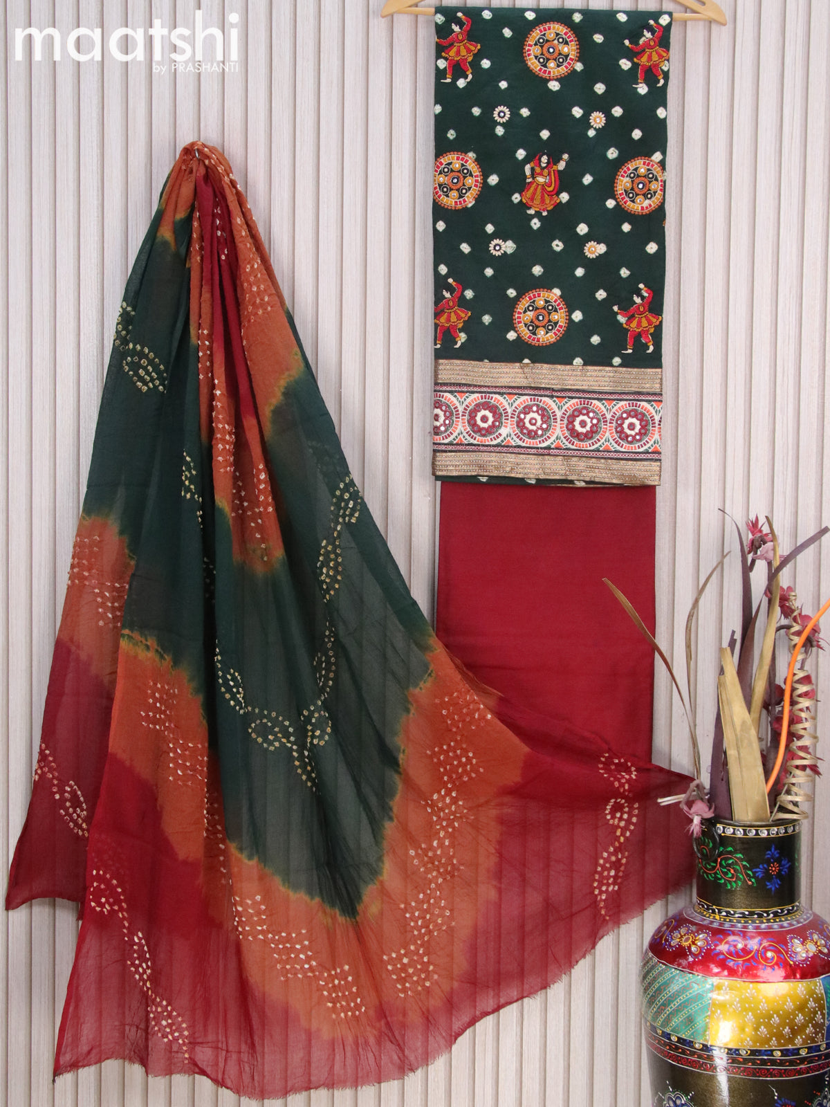 Cotton dress material dark green and deep maroon with bandhani prints & embroidery work buttas and bottom & dupatta