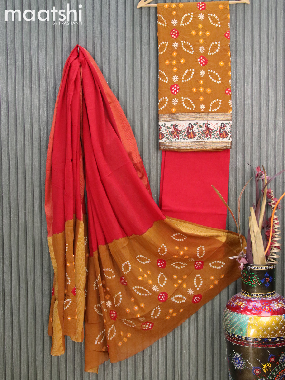 Cotton dress material dark mustard and red with bandhani prints and bottom & dupatta