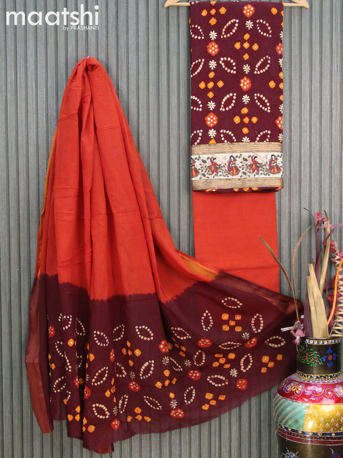 Cotton dress material deep maroon and rustic orange with bandhani prints and bottom & dupatta