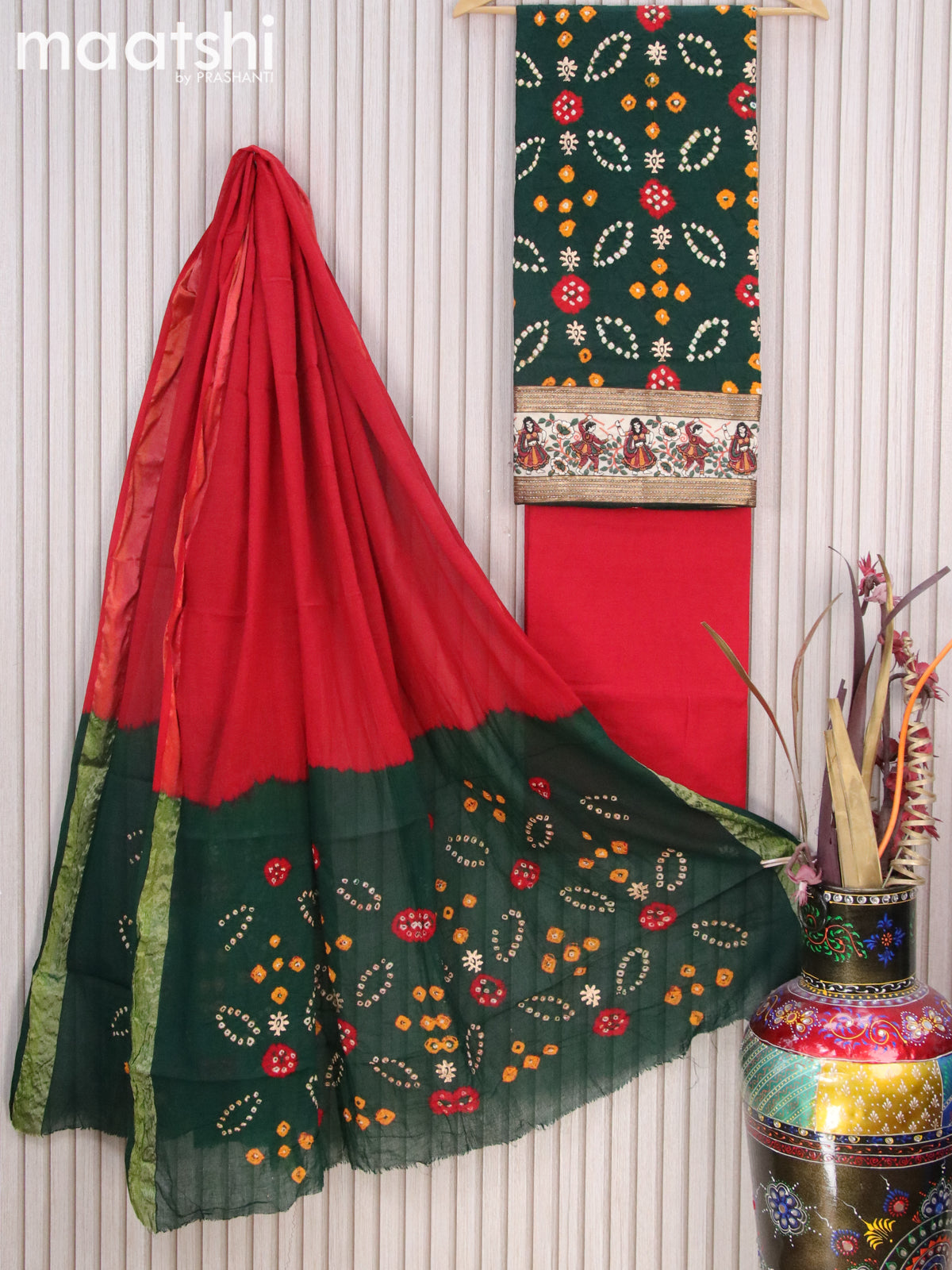 Cotton dress material green and red with bandhani prints and bottom & dupatta