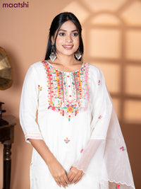 Muslin salwar suit off white with sequin & embroidery work neck pattern and straight cut pant & organza dupatta