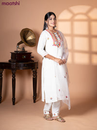 Muslin salwar suit off white with sequin & embroidery work neck pattern and straight cut pant & organza dupatta