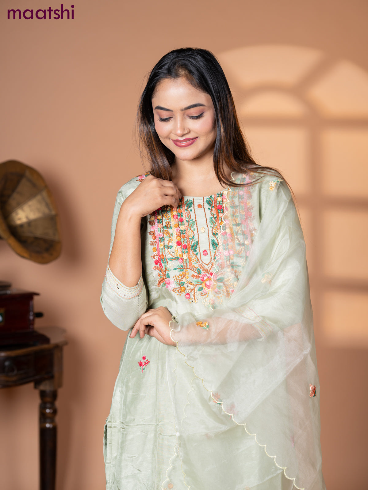 Muslin salwar suit pastel green with sequin & embroidery work neck pattern and straight cut pant & organza dupatta