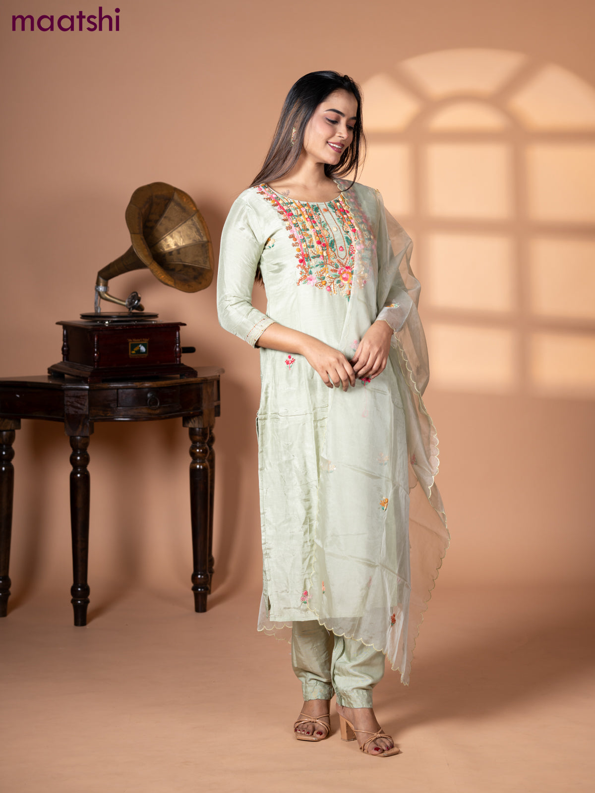 Muslin salwar suit pastel green with sequin & embroidery work neck pattern and straight cut pant & organza dupatta