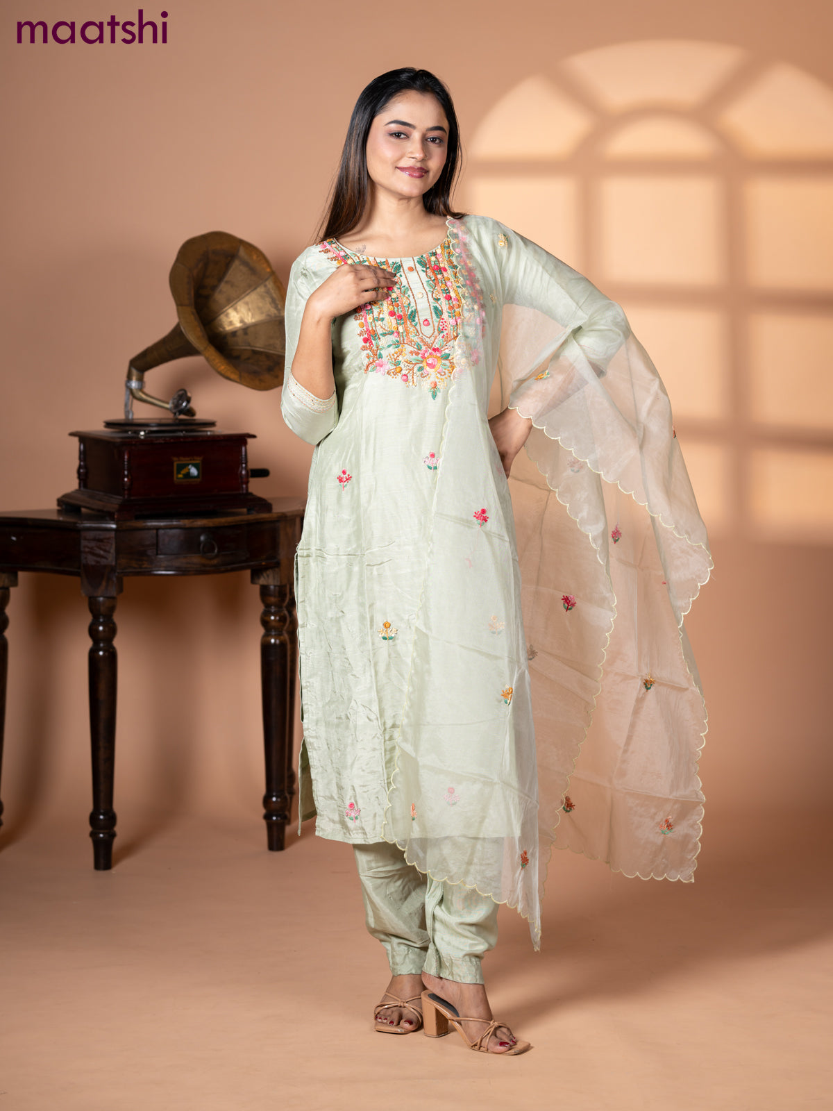 Muslin salwar suit pastel green with sequin & embroidery work neck pattern and straight cut pant & organza dupatta