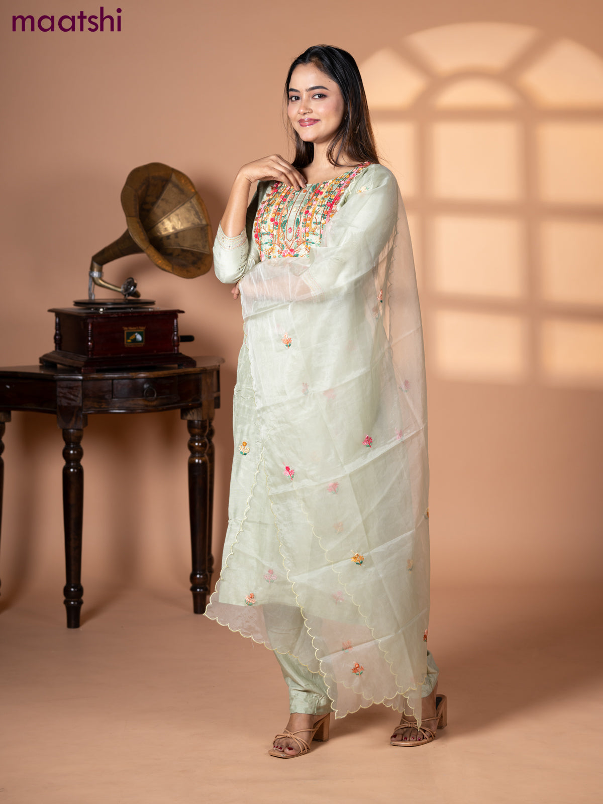 Muslin salwar suit pastel green with sequin & embroidery work neck pattern and straight cut pant & organza dupatta