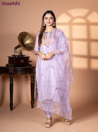 Muslin salwar suit mild purple with sequin & embroidery work neck pattern and straight cut pant & organza dupatta