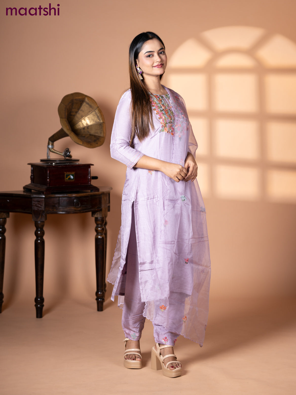 Muslin salwar suit mild purple with sequin & embroidery work neck pattern and straight cut pant & organza dupatta