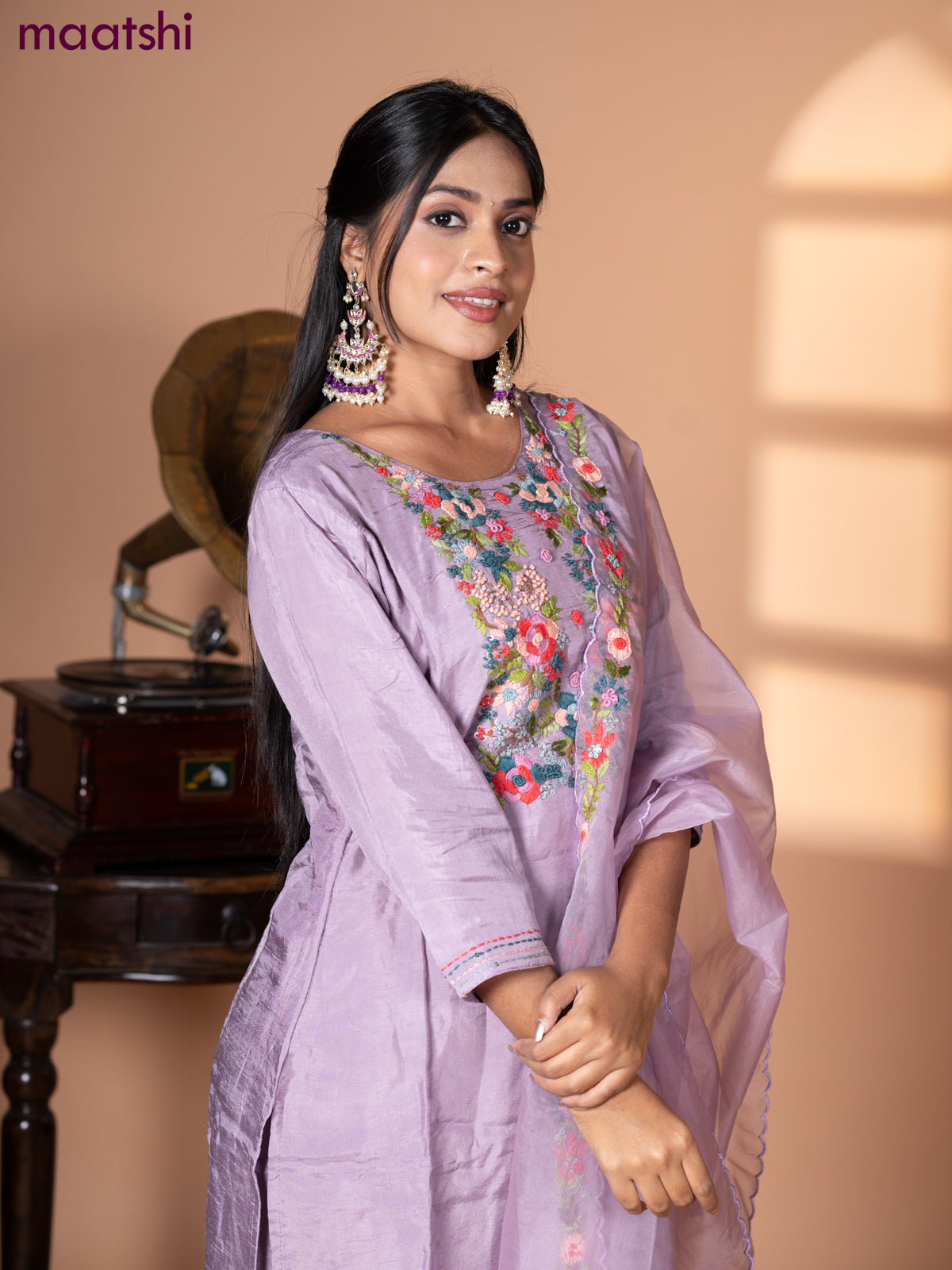 Muslin salwar suit mild purple with sequin & embroidery work neck pattern and palazzo pant & organza dupatta