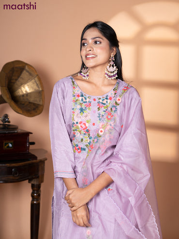 Muslin salwar suit mild purple with sequin & embroidery work neck pattern and palazzo pant & organza dupatta