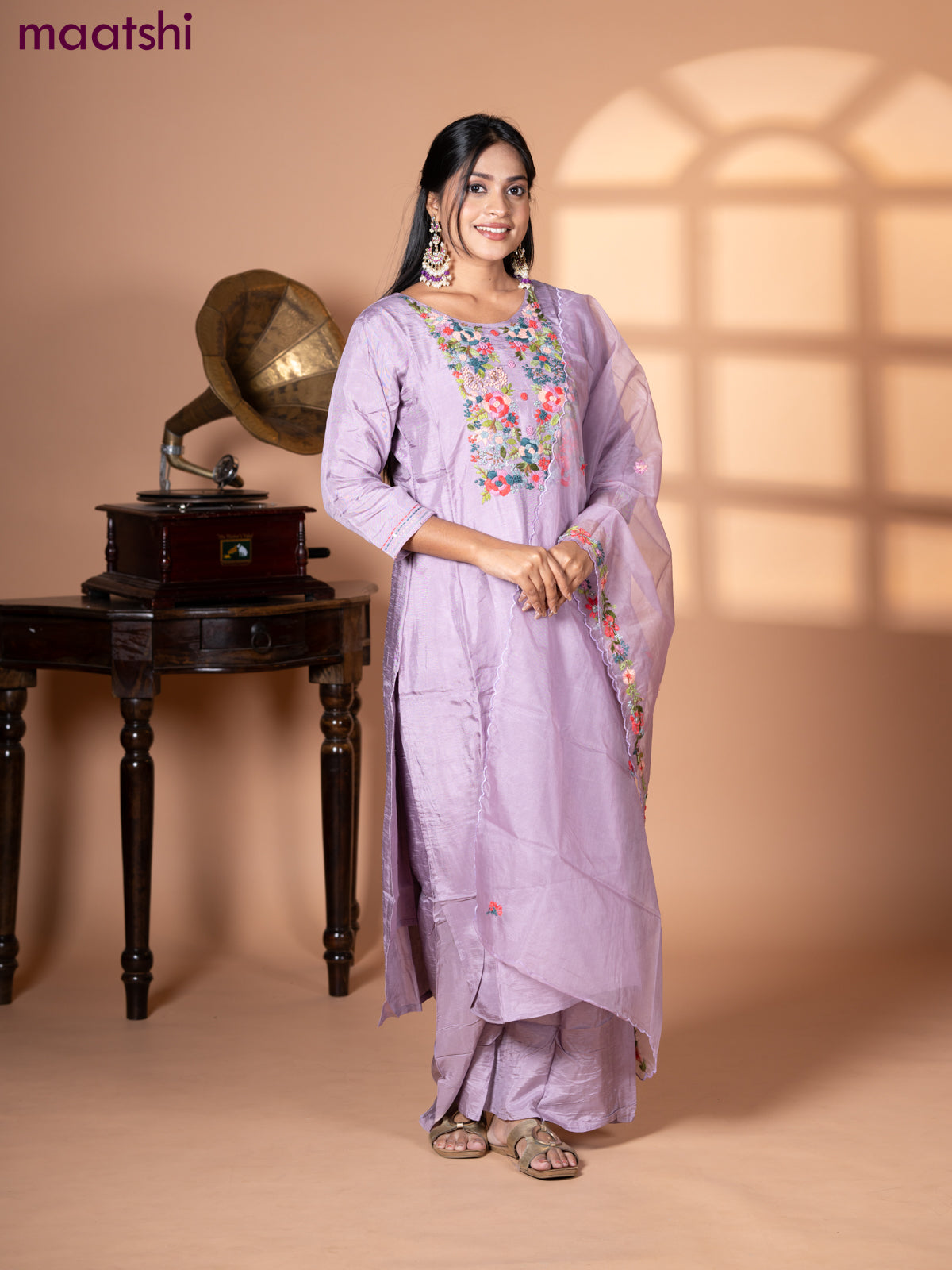 Muslin salwar suit mild purple with sequin & embroidery work neck pattern and palazzo pant & organza dupatta