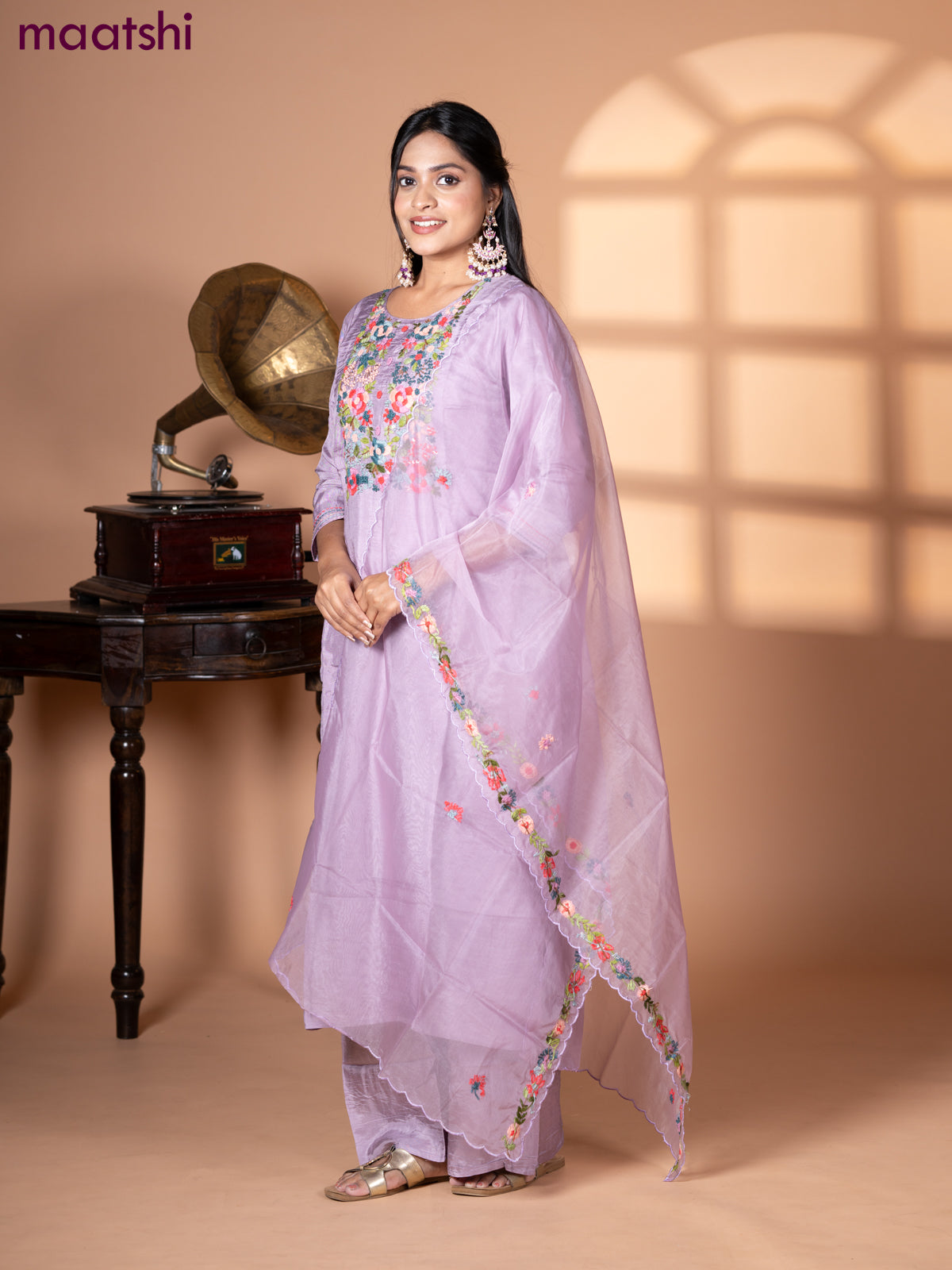 Muslin salwar suit mild purple with sequin & embroidery work neck pattern and palazzo pant & organza dupatta