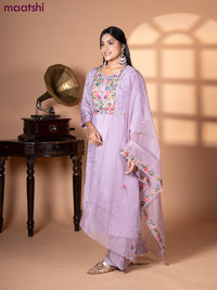 Muslin salwar suit mild purple with sequin & embroidery work neck pattern and palazzo pant & organza dupatta