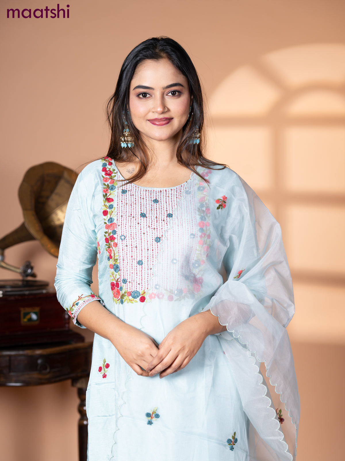 Muslin salwar suit pastel blue with embroidery & mirror work neck pattern and straight cut pant & organza dupatta