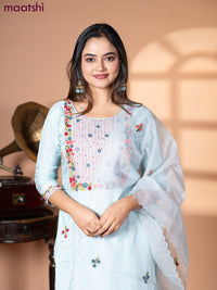 Muslin salwar suit pastel blue with embroidery & mirror work neck pattern and straight cut pant & organza dupatta