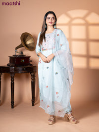 Muslin salwar suit pastel blue with embroidery & mirror work neck pattern and straight cut pant & organza dupatta