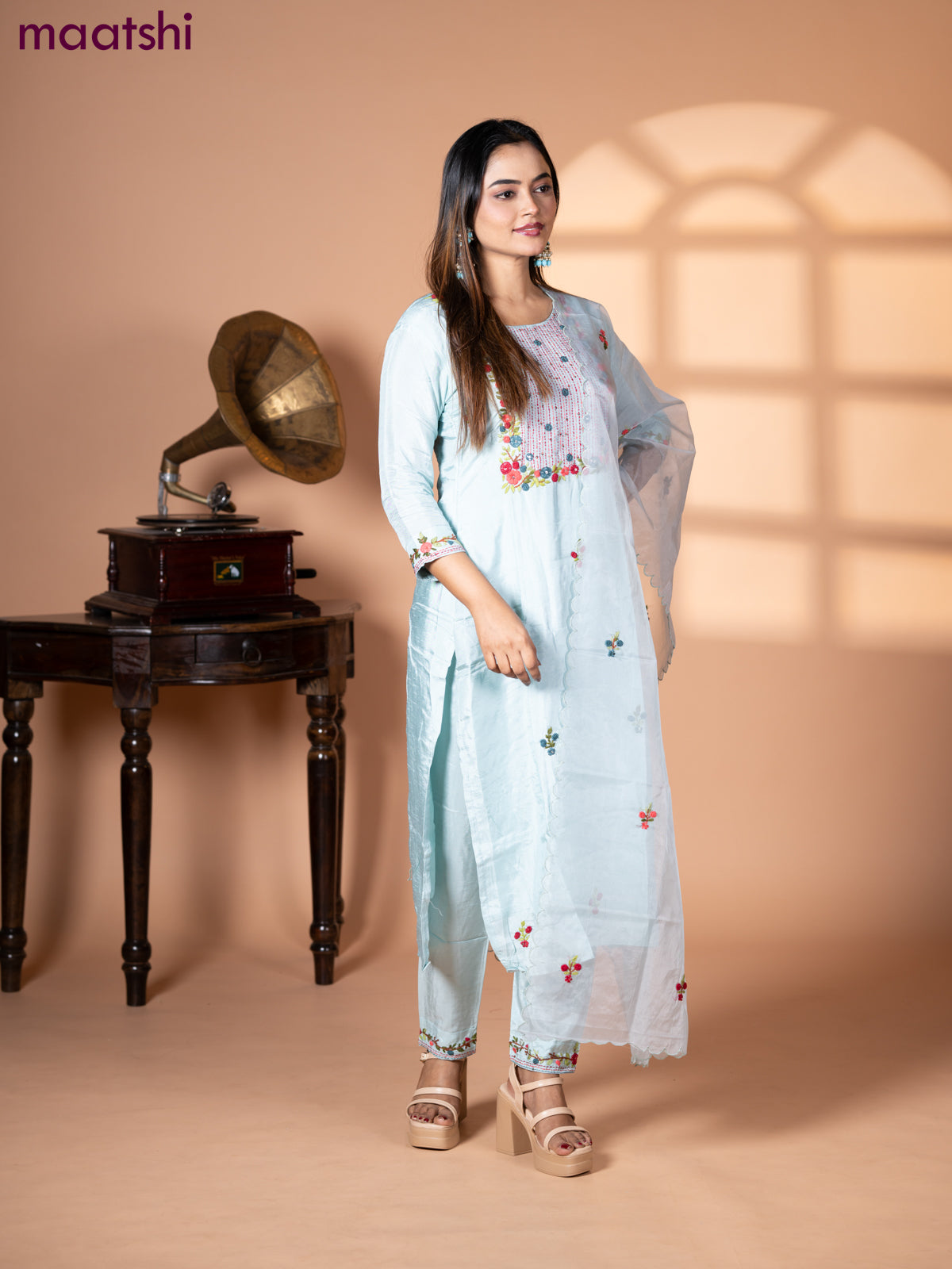 Muslin salwar suit pastel blue with embroidery & mirror work neck pattern and straight cut pant & organza dupatta