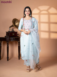 Muslin salwar suit pastel blue with embroidery & mirror work neck pattern and straight cut pant & organza dupatta