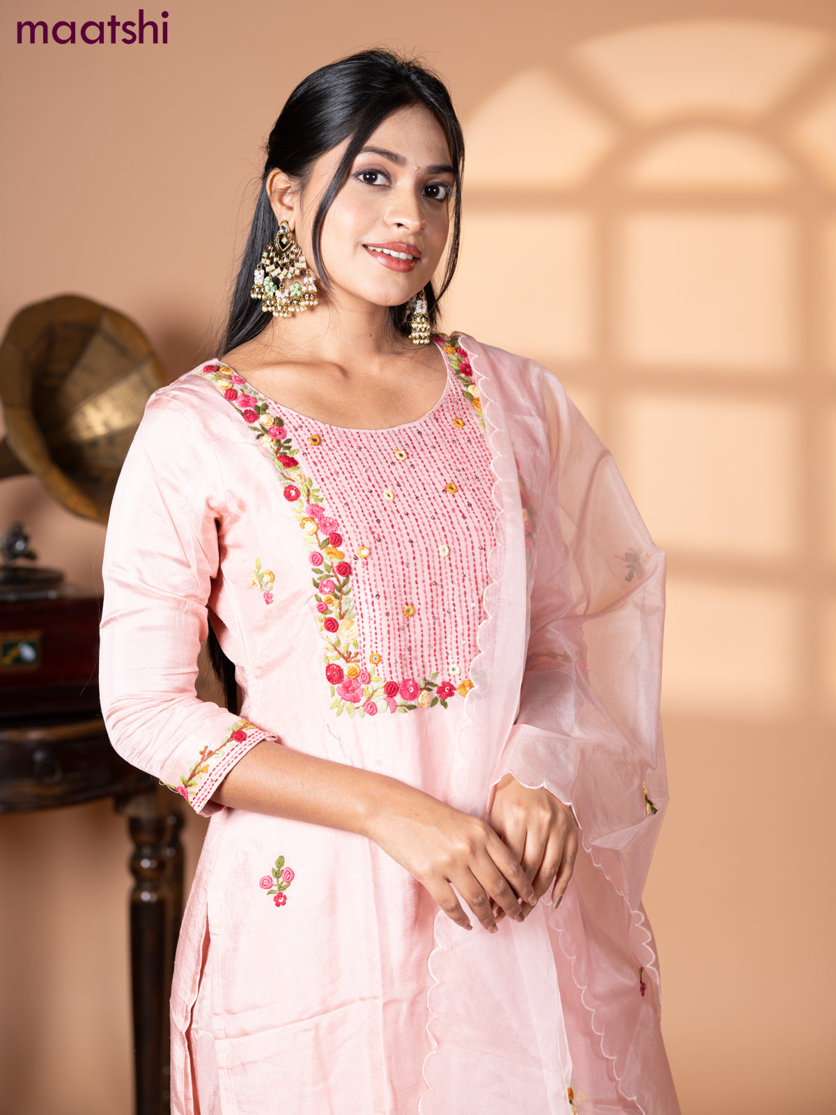 Muslin salwar suit pastel peach with embroidery & mirror work neck pattern and straight cut pant & organza dupatta