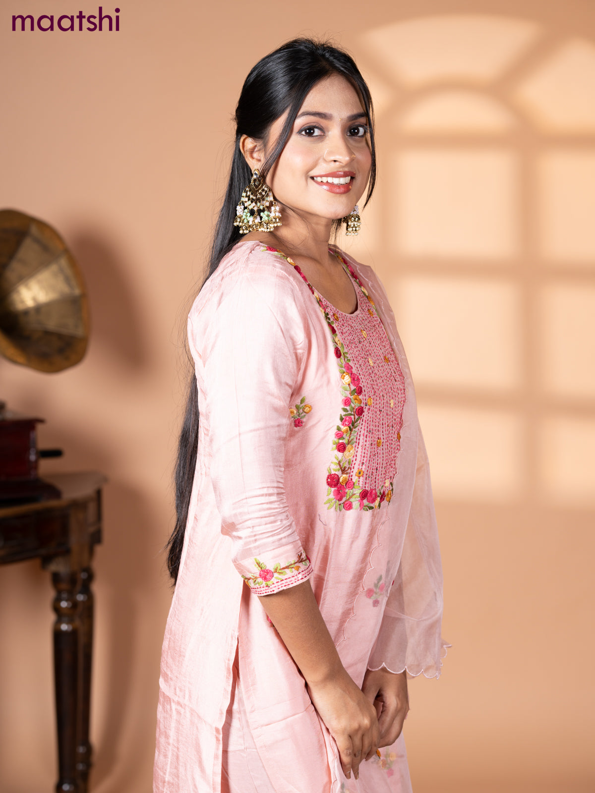 Muslin salwar suit pastel peach with embroidery & mirror work neck pattern and straight cut pant & organza dupatta