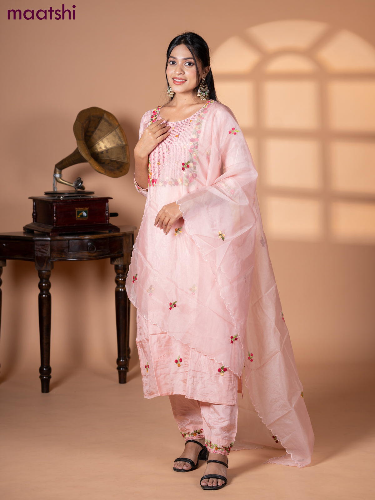 Muslin salwar suit pastel peach with embroidery & mirror work neck pattern and straight cut pant & organza dupatta