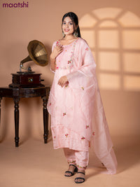 Muslin salwar suit pastel peach with embroidery & mirror work neck pattern and straight cut pant & organza dupatta