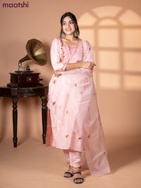 Muslin salwar suit pastel peach with embroidery & mirror work neck pattern and straight cut pant & organza dupatta