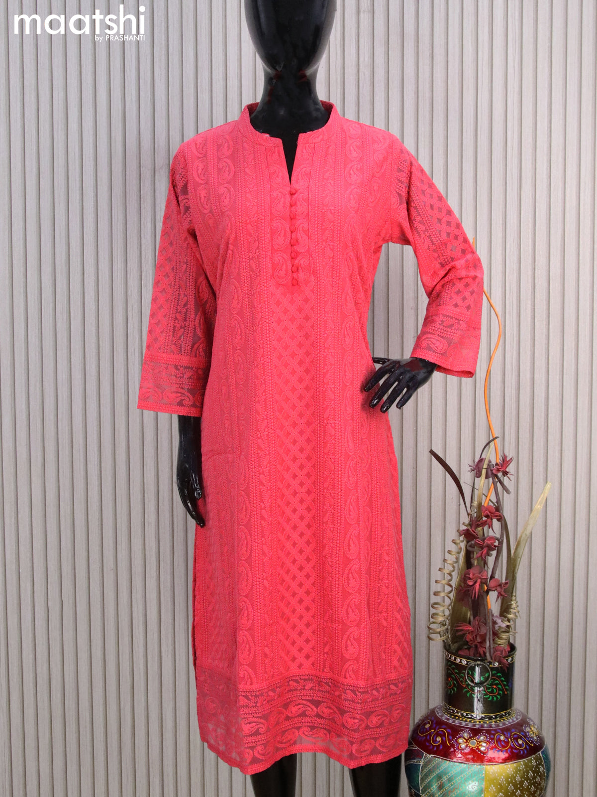 Semi georgette readymade kurti pink shade with allover chikankari work & simple neck pattern without pant