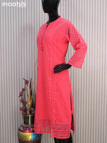 Semi georgette readymade kurti pink shade with allover chikankari work & simple neck pattern without pant