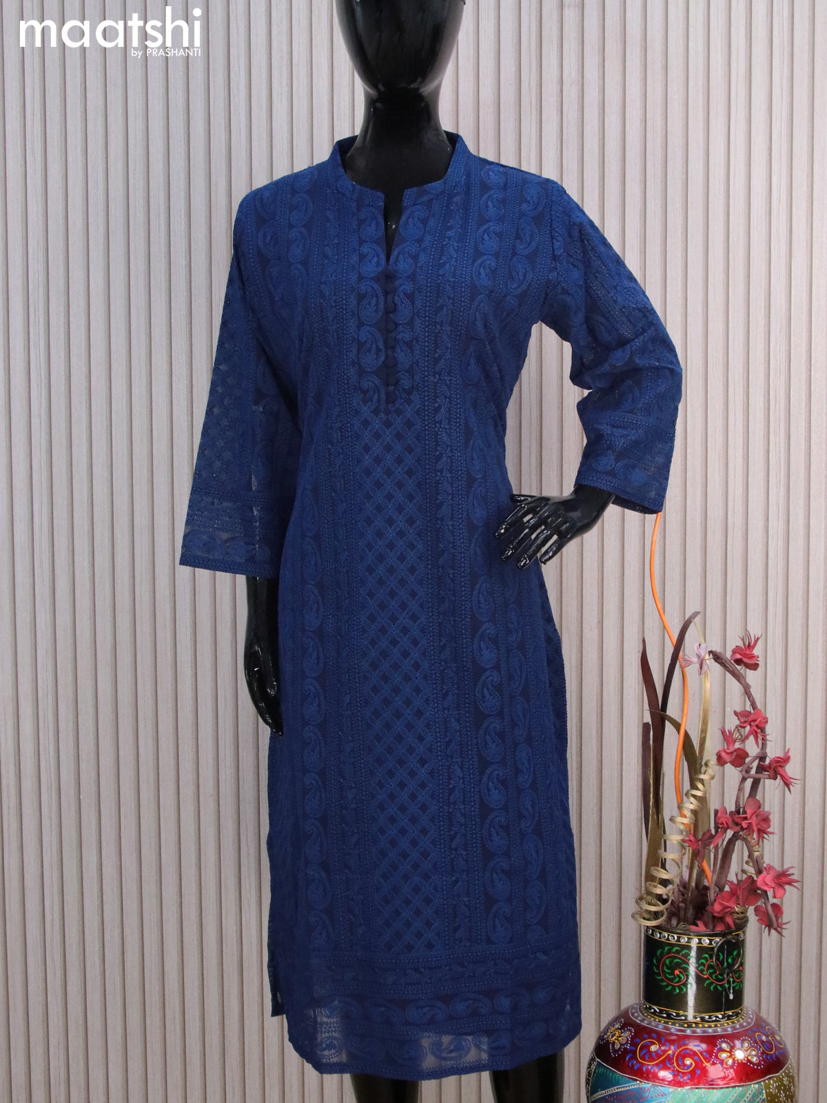 Semi georgette readymade kurti navy blue with allover chikankari work & simple neck pattern without pant