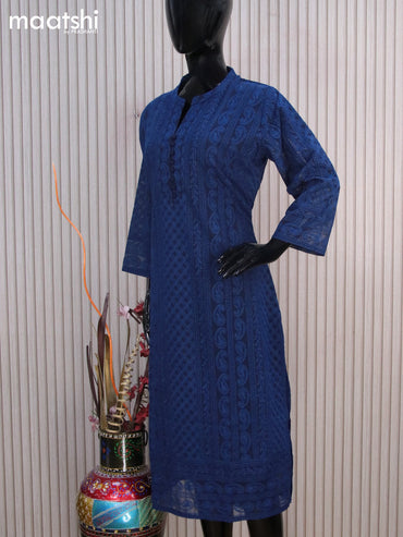 Semi georgette readymade kurti navy blue with allover chikankari work & simple neck pattern without pant