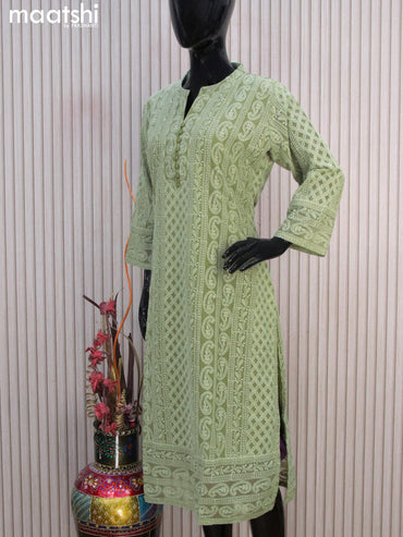 Semi georgette readymade kurti pastel green with allover chikankari work & simple neck pattern without pant