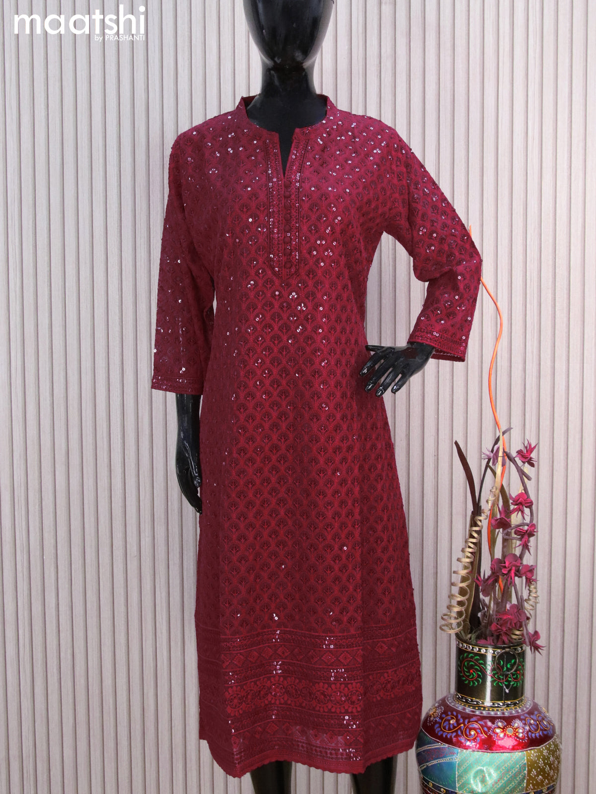 Semi georgette readymade kurti maroon with allover chikankari work & simple neck pattern without pant