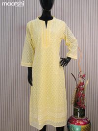 Semi georgette readymade kurti pale yellow with allover chikankari work & simple neck pattern without pant