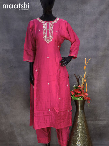 Muslin readymade salwar suit pink with sequin & french knot work neck pattern and straight cut pant & organza dupatta