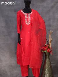 Muslin readymade salwar suit red with sequin & french knot work neck pattern and straight cut pant & organza dupatta