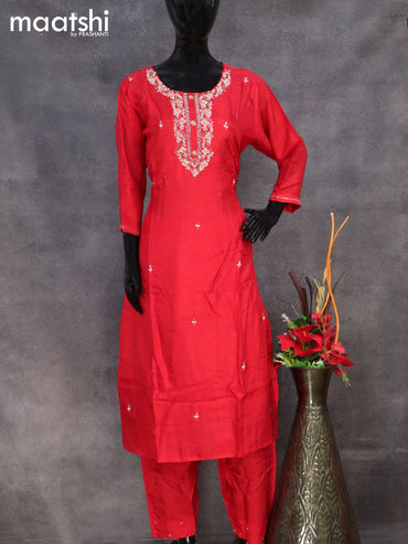 Muslin readymade salwar suit red with sequin & french knot work neck pattern and straight cut pant & organza dupatta