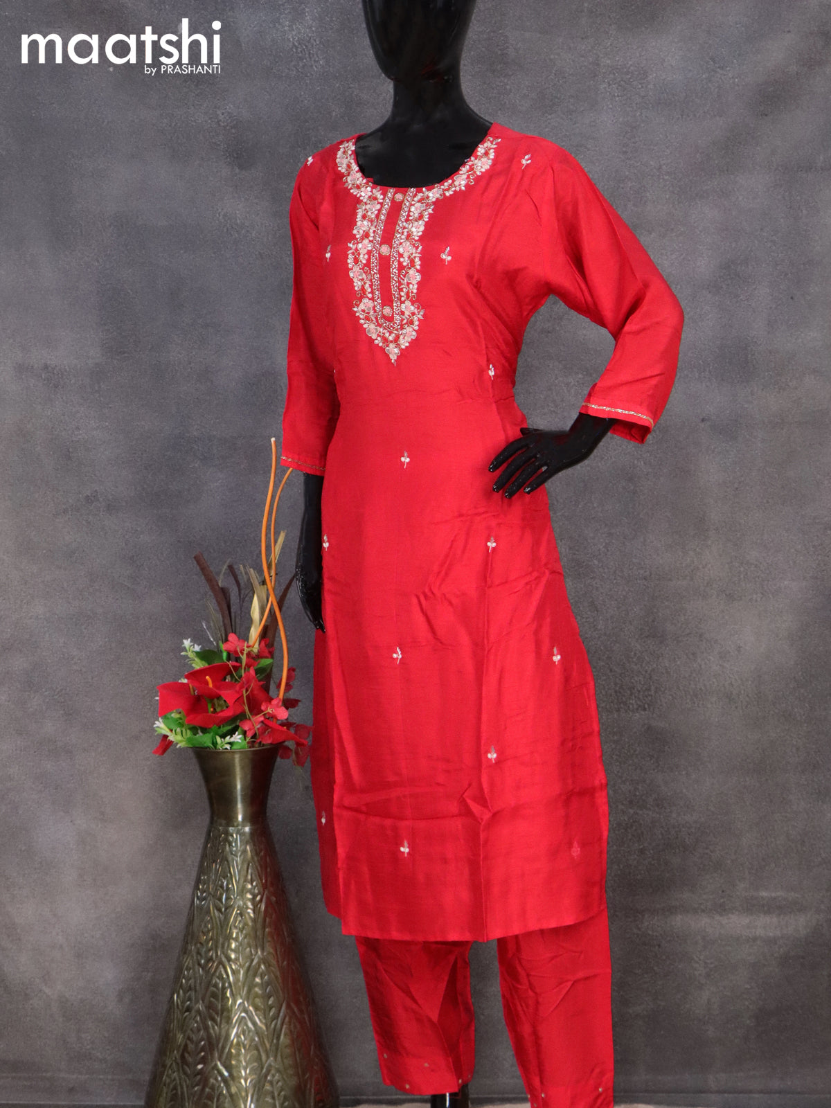 Muslin readymade salwar suit red with sequin & french knot work neck pattern and straight cut pant & organza dupatta