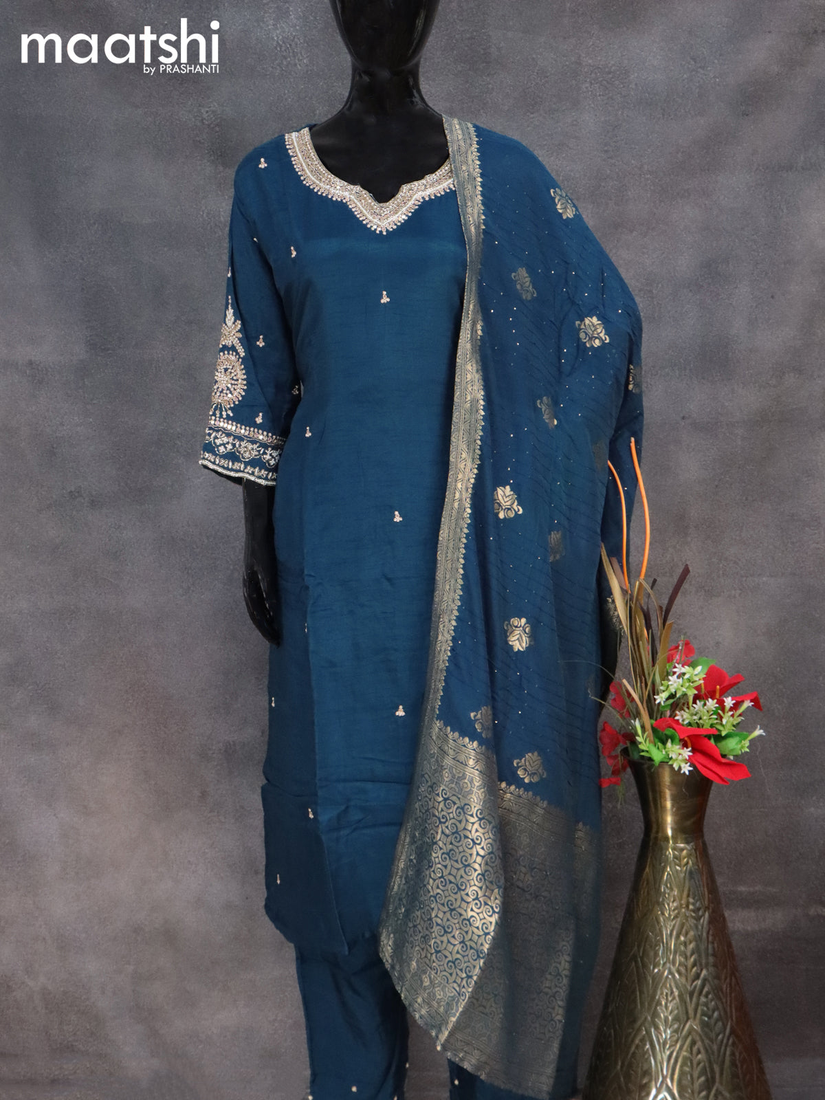 Muslin readymade salwar suit peacock blue with sequin work neck pattern and straight cut pant & banarasi dupatta