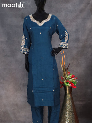 Muslin readymade salwar suit peacock blue with sequin work neck pattern and straight cut pant & banarasi dupatta