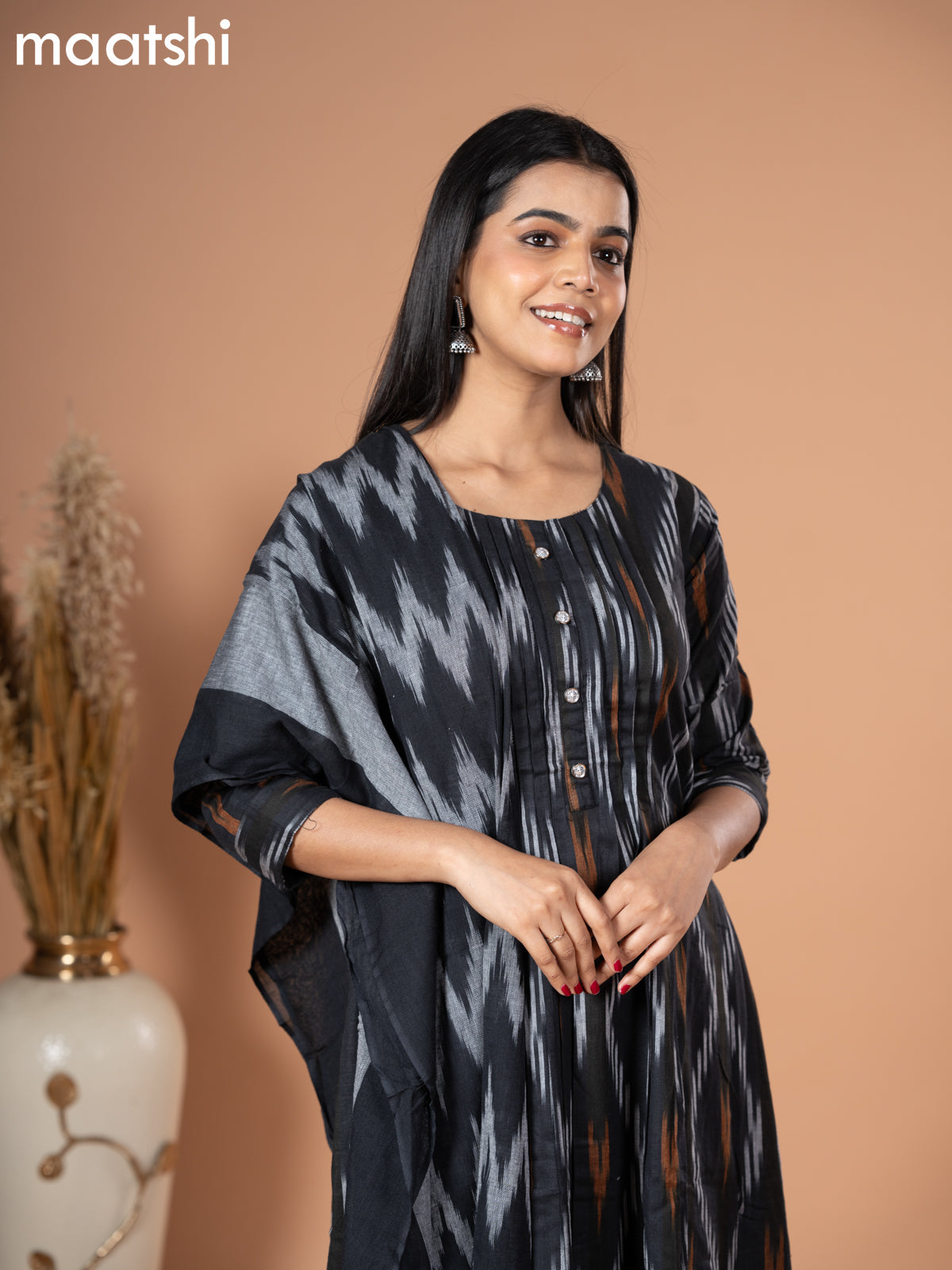 Cotton readymade salwar suit black and grey with allover ikat weaves & simple neck pattern and straight cut pant & dupatta